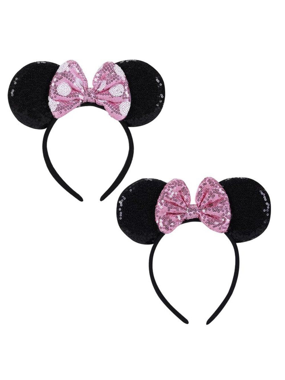 Women Pink Black Sequin Shiny Bows Mickey Mouse 2 Pcs Headband